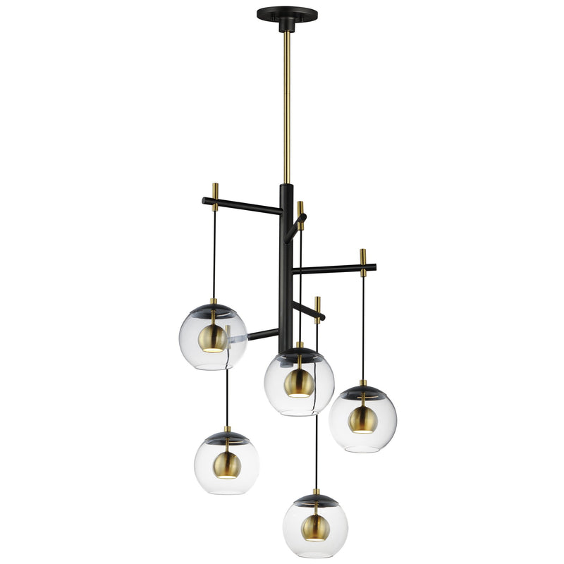 Nucleus 5-Light LED Pendant in Black / Natural Aged Brass