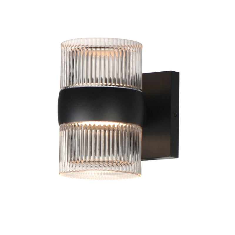 Modular 2-Light LED Outdoor Wall Sconce with Ribbed Glass in Black
