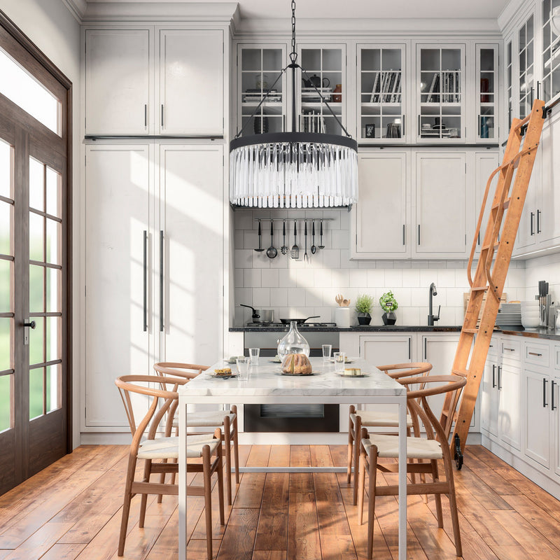 Emory 8 Light 24" Chandelier in Black Forged in a room setting