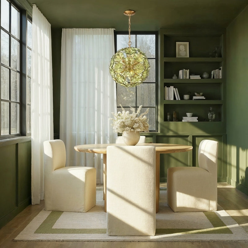 Esme 6 Light 18.25" Chandelier in Aged Brass in a room setting