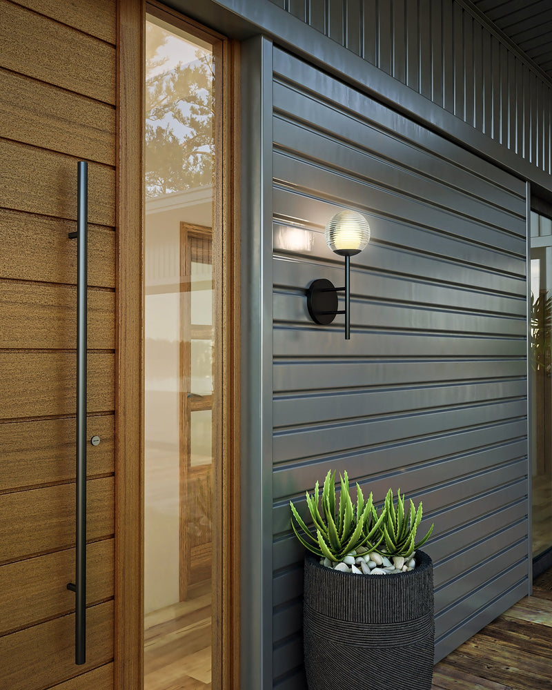 Claremont 13" Outdoor Wall Light in Black/Clear Ribbed Glass
