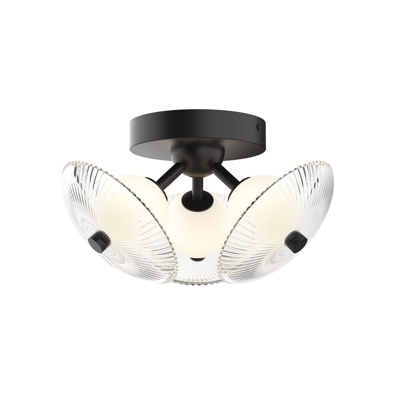 Hera 12" Flush Mount in Matte Black/Clear Ribbed Glass