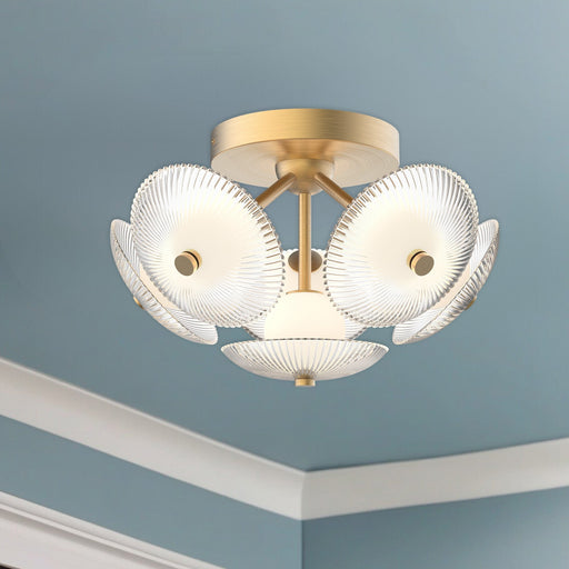 Hera 16" Flush Mount in Brushed Gold/Clear Ribbed Glass