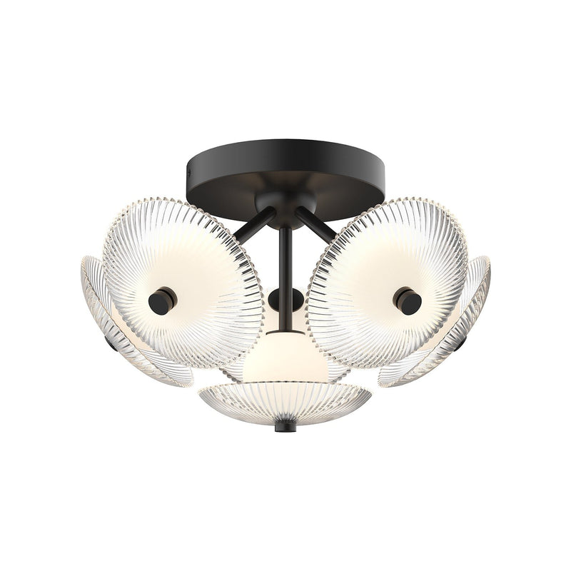 Hera 16" Flush Mount in Matte Black/Clear Ribbed Glass