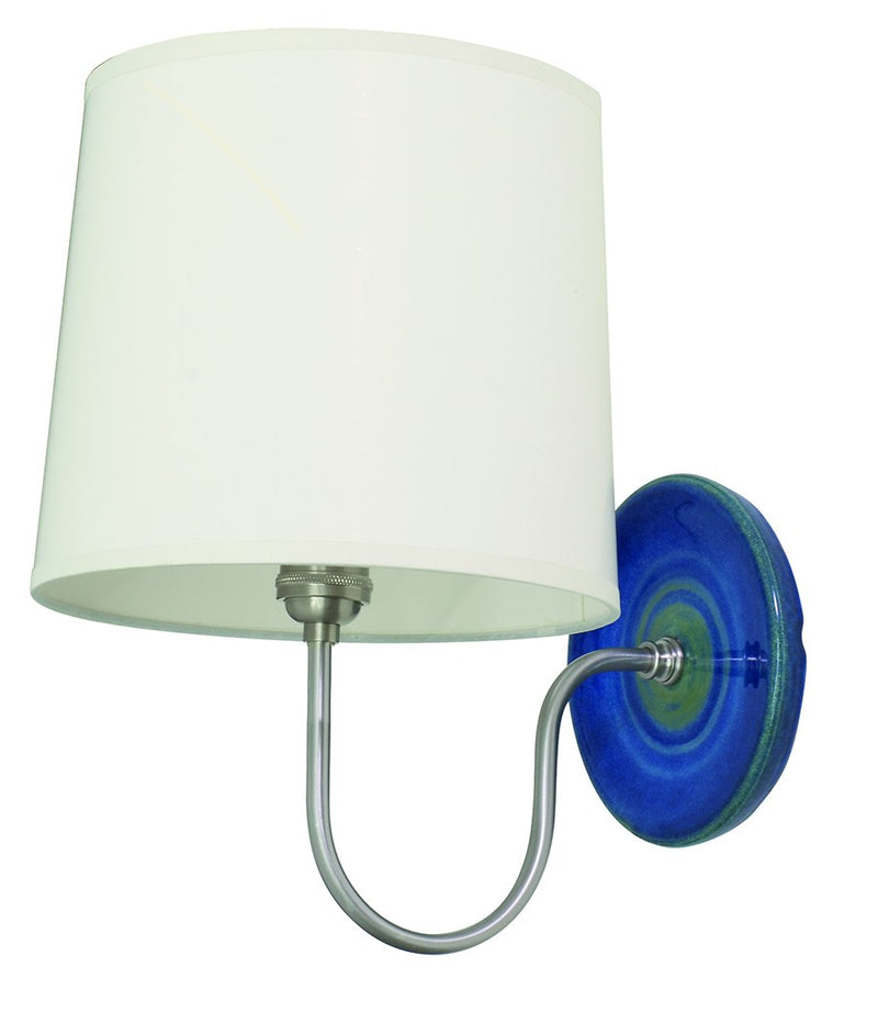 Scatchard Stoneware Swing Arm Wall Sconce with 9" Linen Shade in Blue Gloss