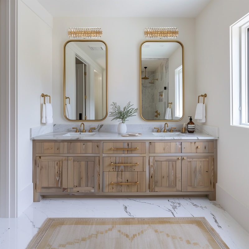Hayes 4 Light 23.5" Bathroom Vanity in Aged Brass in a room setting