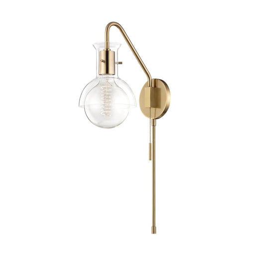 Riley Clear Glass Swing Arm Wall Lamp in Aged Brass