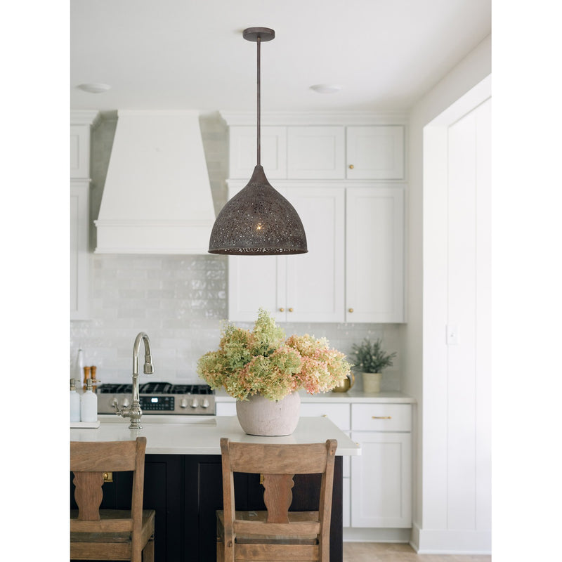 Jasmine 1 Light 14" Pendant in Forged Bronze in a room setting