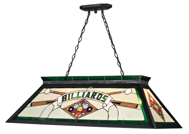 Tiffany Billiard 4 Light 43.75" Billiard, Matte Black with Multi Colored Tiffany Shades (KD25GREEN) in Matte Black