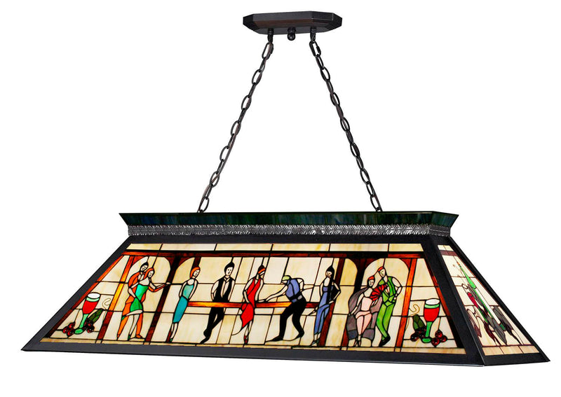 Tiffany Billiard 4 Light 43.75" Billiard, Matte Black with Multi Colored Tiffany Shades (KD28) in Matte Black
