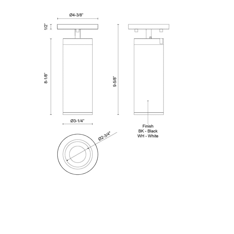Lorna 9" Adjustable Semi-Flush Mount, 3" Diameter in White