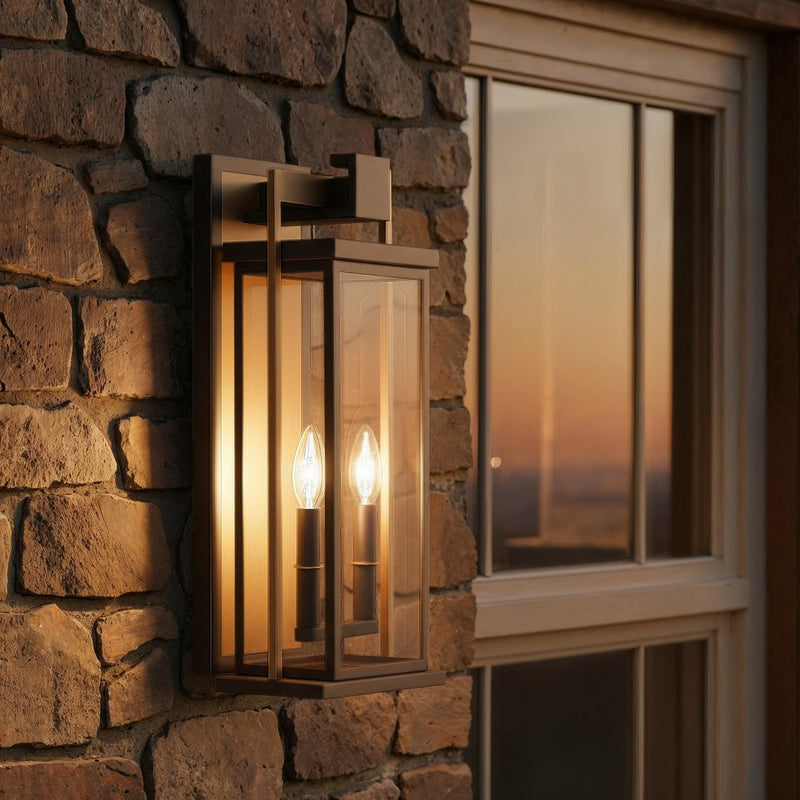 Lendel 2 Light 8" Outdoor Sconce in Twilight Bronze + Textured Gold in a room setting