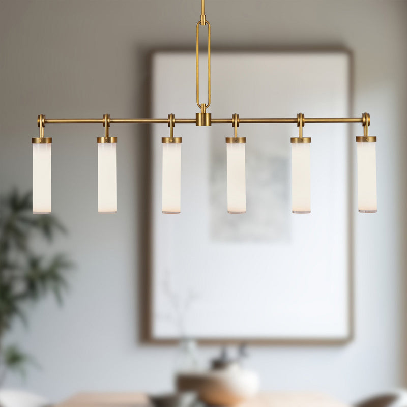 Wynwood 52" 6-Light Linear Pendant in Vintage Brass/Glossy Opal