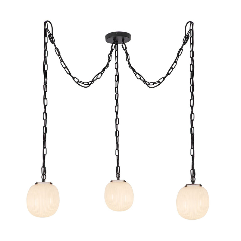 Cherise 7" 3-Head Multi-Drop Pendant in Matte Black/Glossy Ribbed Opal Glass