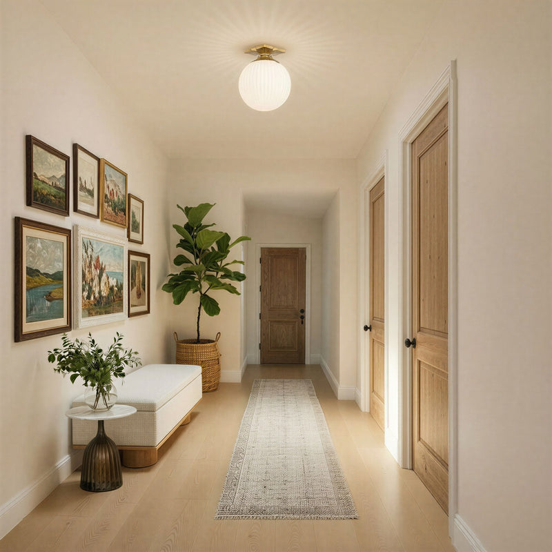Orly 1 Light 10" Semi Flush Mount in Aged Brass in a room setting