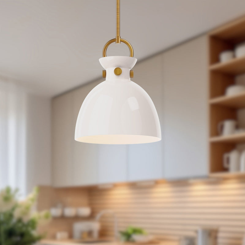 Waldo 11" Glass Shade Pendant in Aged Gold/Glossy Opal Glass