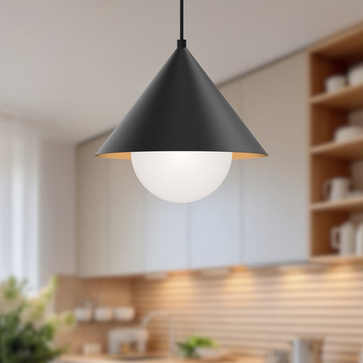 Remy 14" Pendant in Matte Black/Opal Glass