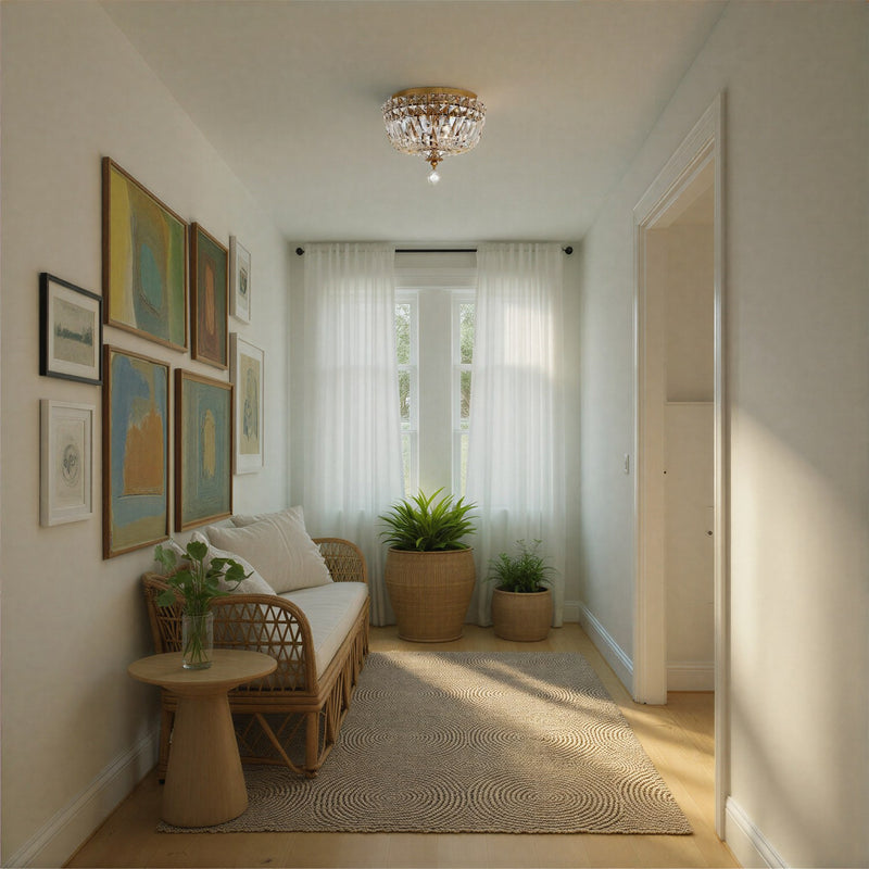 Roslyn 3 Light 10" Flush Mount in Aged Brass in a room setting