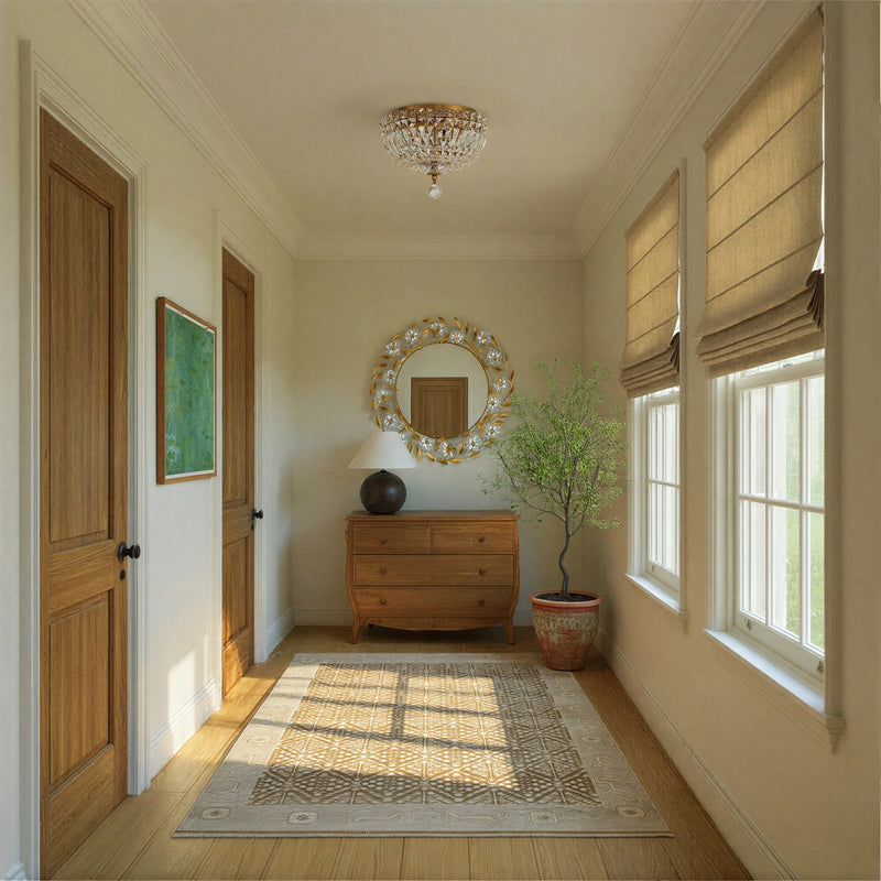Roslyn 4 Light 12" Flush Mount in Aged Brass in a room setting