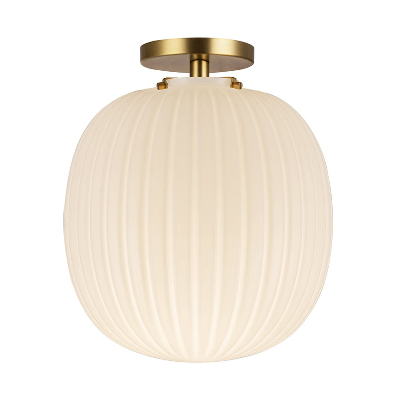 Cherise 12" Semi-Flush Mount in Brushed Gold/Glossy Ribbed Opal Glass