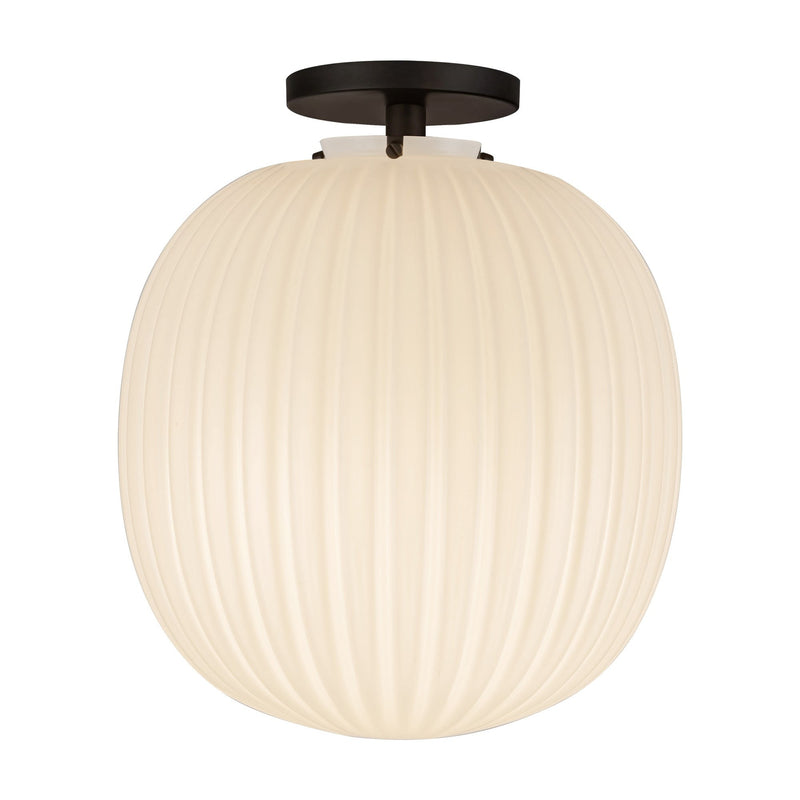 Cherise 12" Semi-Flush Mount in Matte Black/Glossy Ribbed Opal Glass