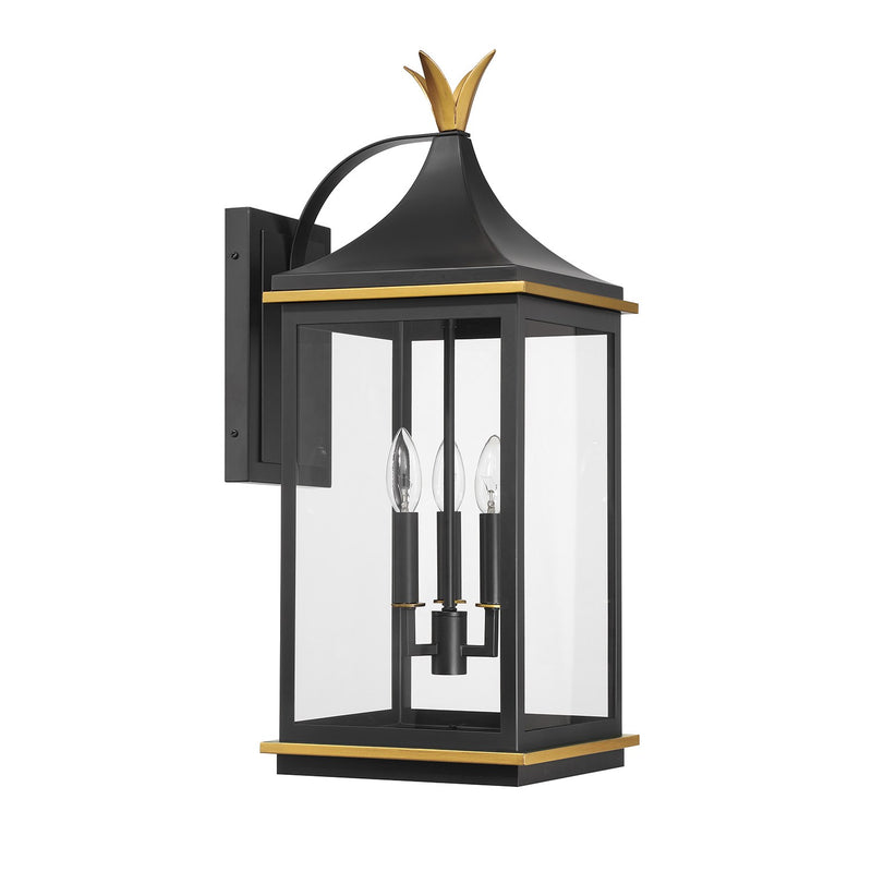 Simpson 3 Light 10" Outdoor Sconce in Matte Black + Textured Gold