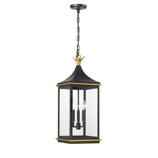 Simpson 3 Light 10" Outdoor Pendant in Matte Black + Textured Gold