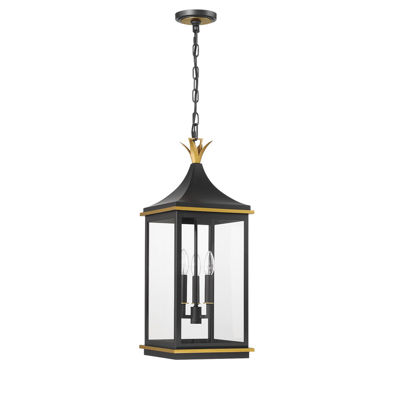 Simpson 3 Light 10" Outdoor Pendant in Matte Black + Textured Gold