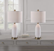 Freya Table Lamp Set of 2 in White Texture Glass, White Linen, Antique Brass