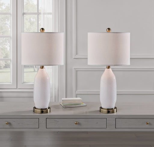 Freya Table Lamp Set of 2 in White Texture Glass, White Linen, Antique Brass