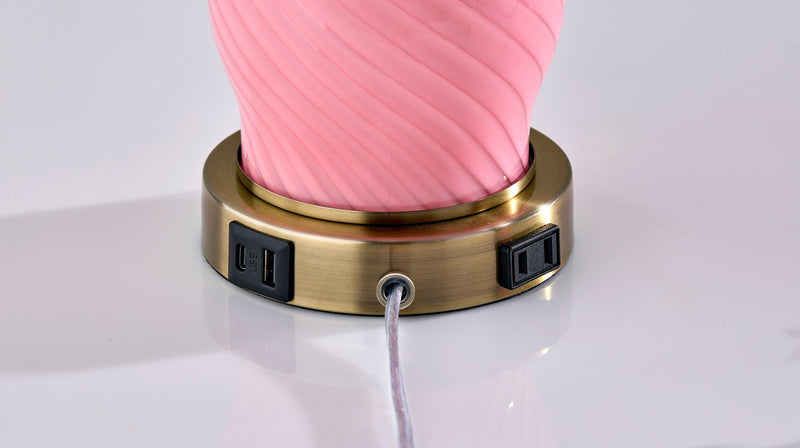 Freya Table Lamp Set of 2 in Pink Texture Glass, White Linen, Antique Brass