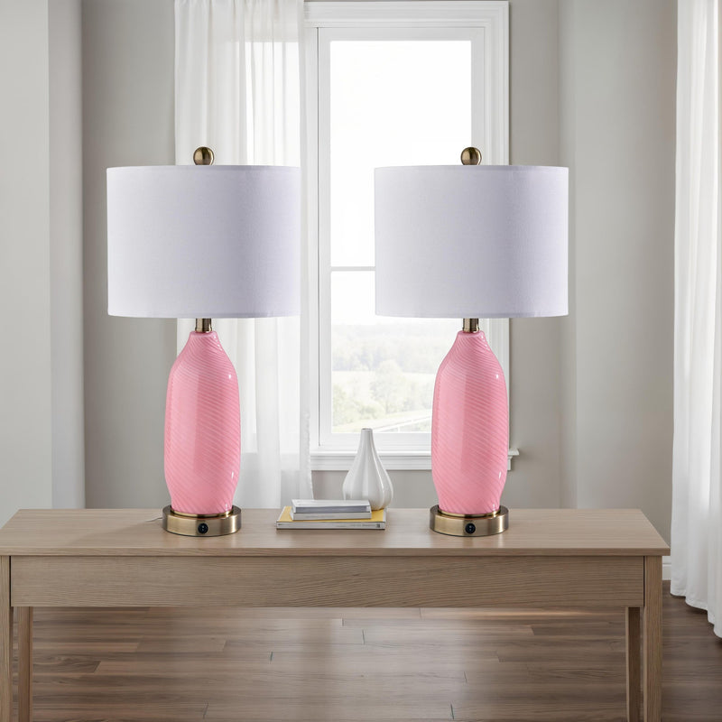 Freya Table Lamp Set of 2 in Pink Texture Glass, White Linen, Antique Brass