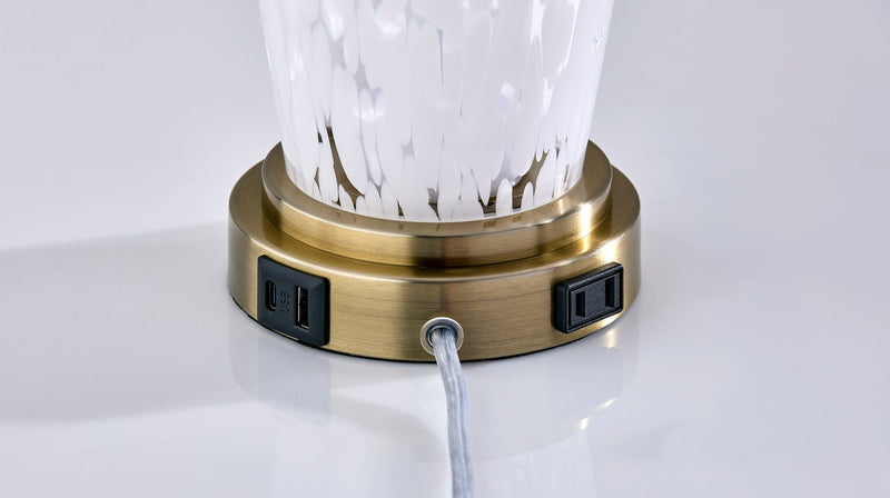 Grady Table Lamp Set of 2 in White Texture Glass, White Linen, Antique Brass