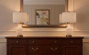 Grady Table Lamp Set of 2 in White Texture Glass, White Linen, Antique Brass