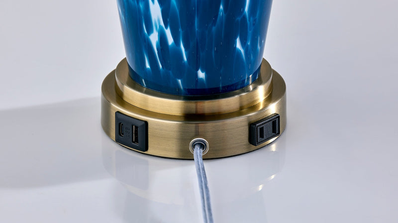Grady Table Lamp Set of 2 in Blue Texture Glass, White Linen, Antique Brass