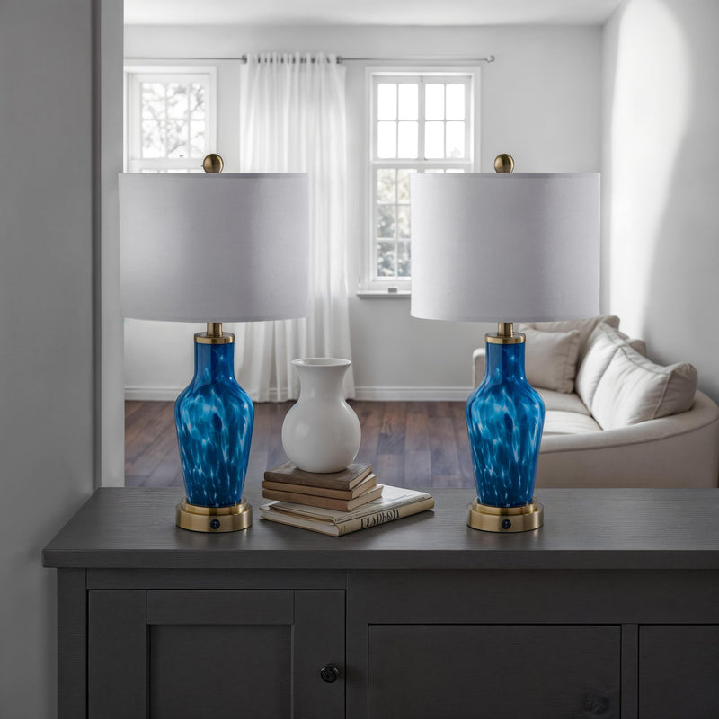 Grady Table Lamp Set of 2 in Blue Texture Glass, White Linen, Antique Brass