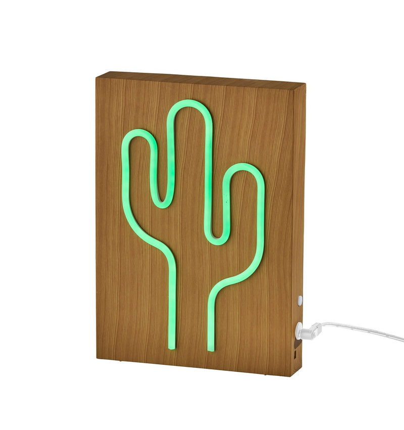 Neon Cactus LED Accent Lamp in Natural Wood Grain On Plastic - Water Transfer