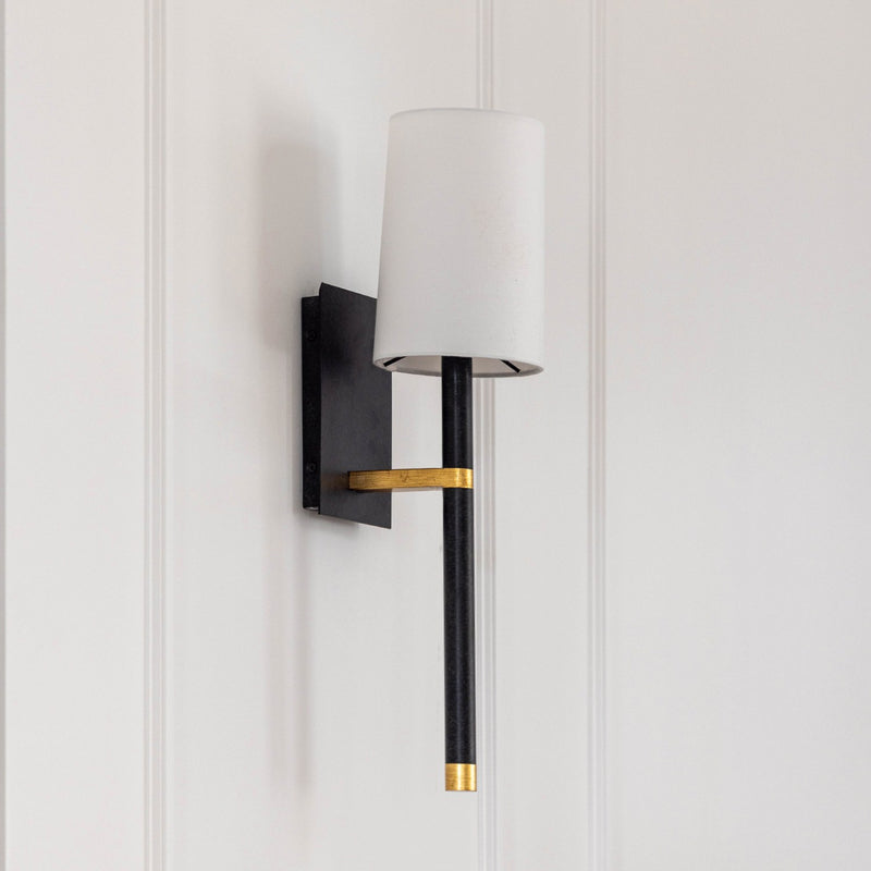 Weston 1 Light 5.5" Sconce in Black + Antique Gold in a room setting