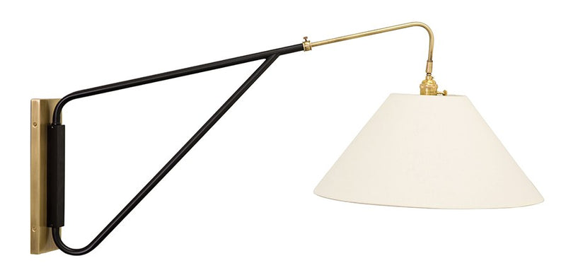 Swing Arm Wall Lamp with Slant Shade and 33" Reach in Antique Brass/Black