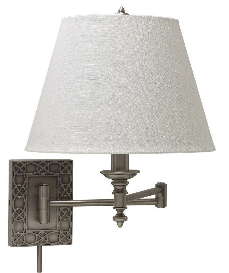Swing Arm Wall Lamp with 12" White Linen Shade and 24" Reach in Antique Silver