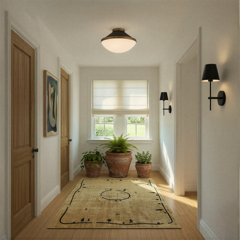 Xander 2 Light 16.25" Flush Mount in Vibrant Gold + Matte Black in a room setting