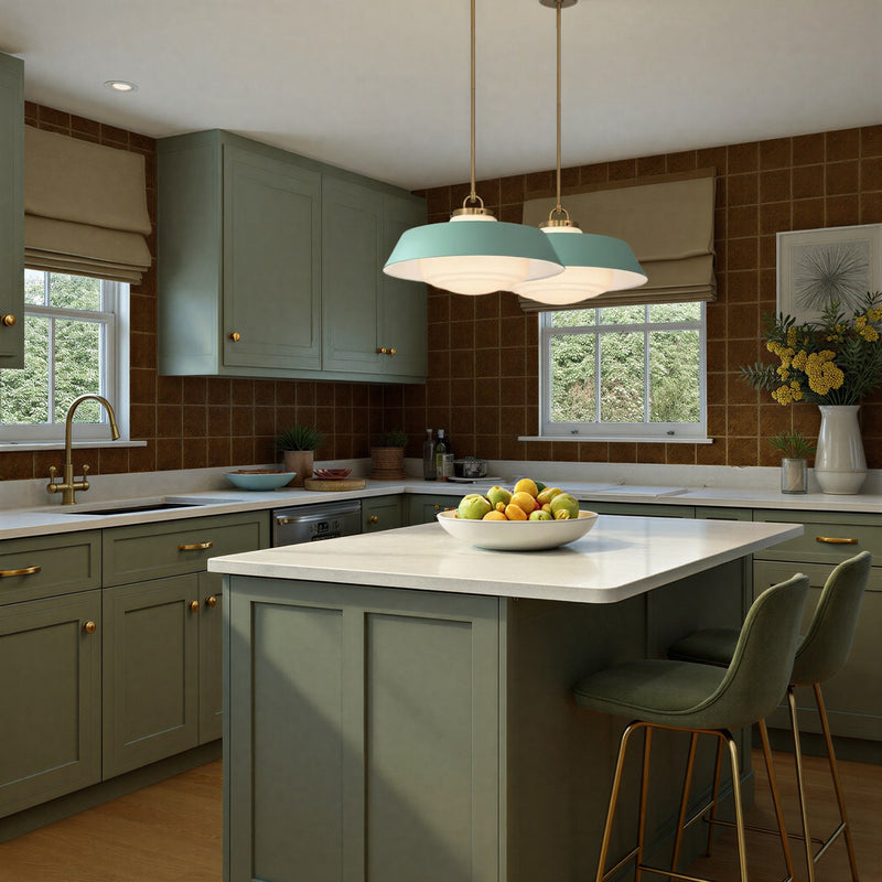 Xander 3 Light 20" Pendant in Vibrant Gold + Green in a room setting