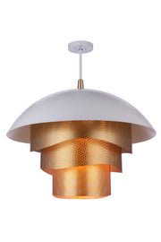 31.25” Diameter Sculptural Statement Dome Pendant with Perforated Metal Shades in Matte White/Matte Gold