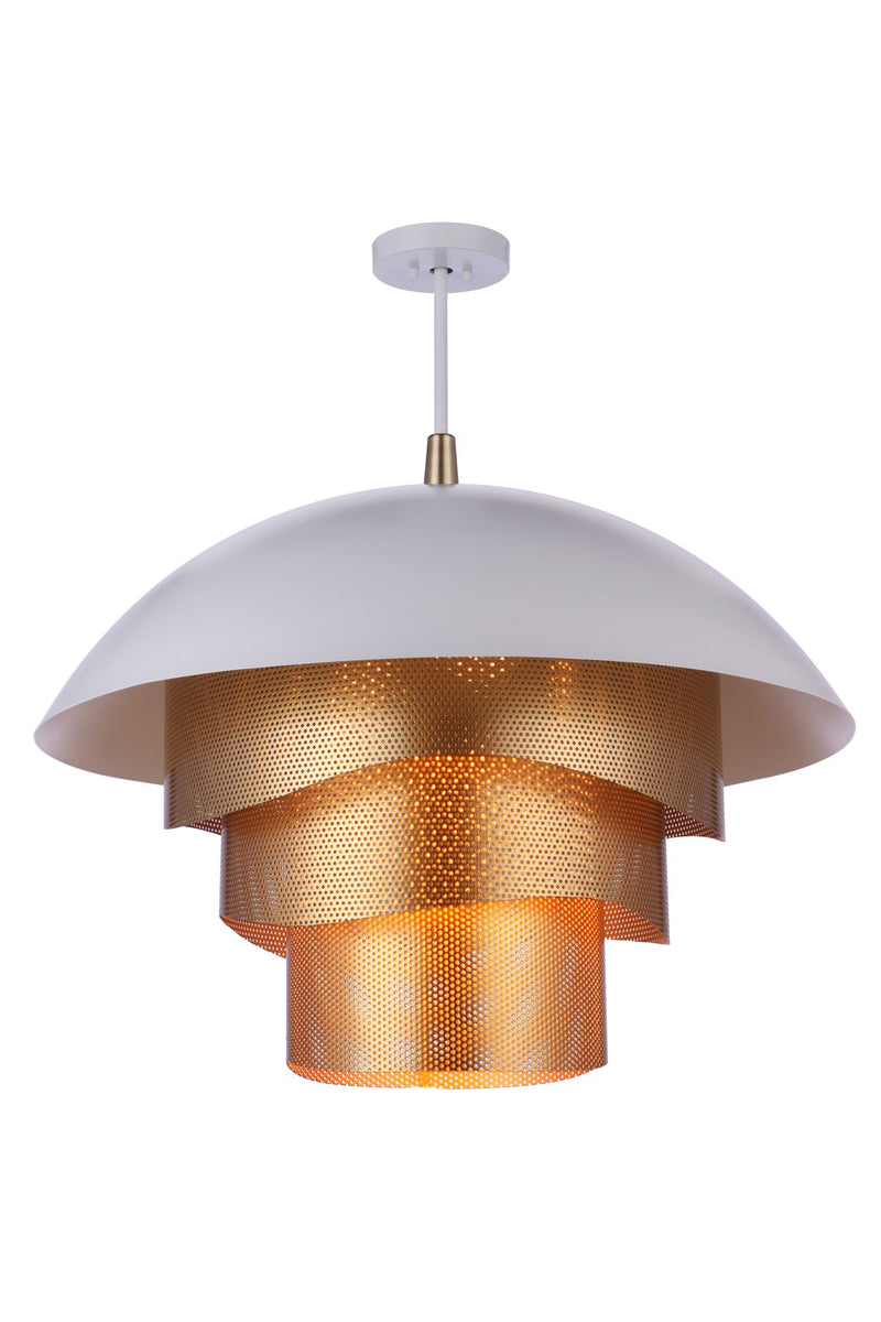 31.25” Diameter Sculptural Statement Dome Pendant with Perforated Metal Shades in Matte White/Matte Gold