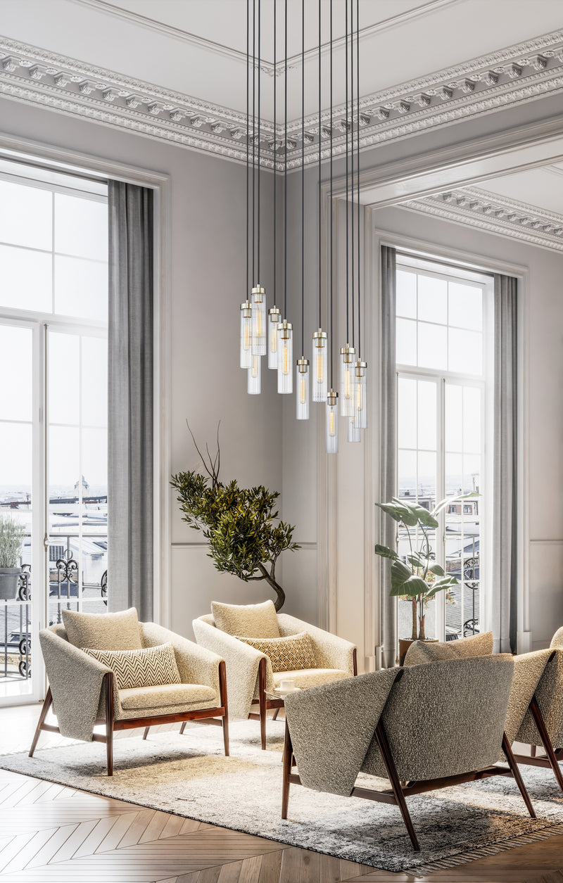 Beau 11 Light 24" Pendant in Brushed Nickel in a room setting