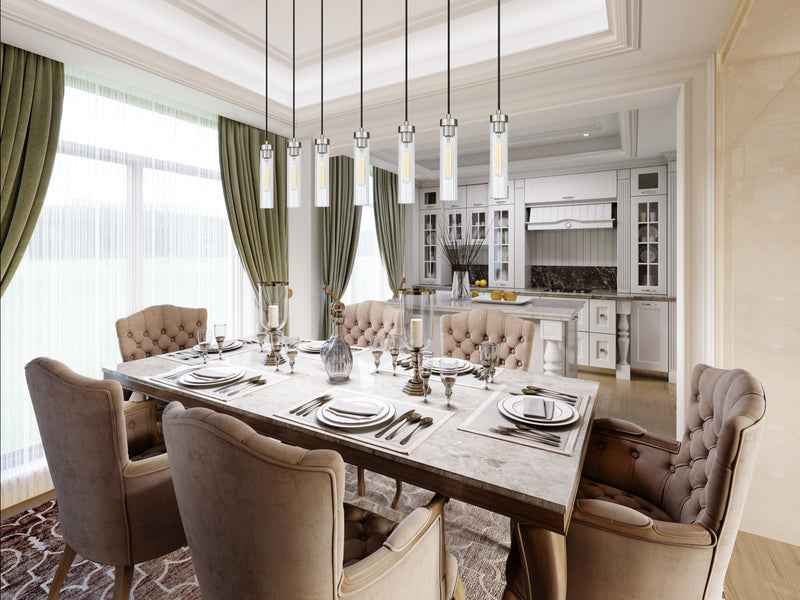 Beau 7 Light 54" Linear Pendant in Brushed Nickel in a room setting