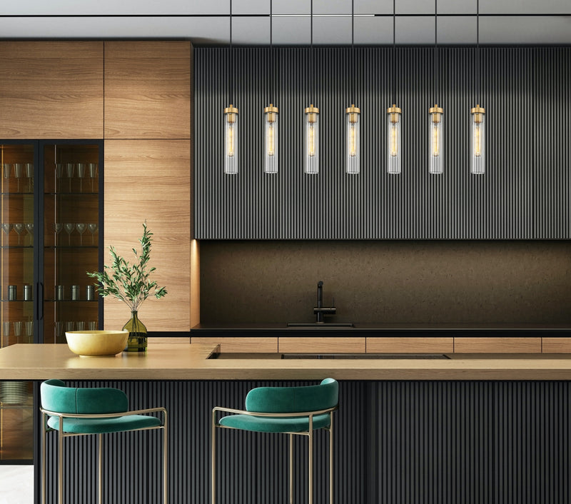 Beau 7 Light 54" Linear Pendant in Rubbed Brass in a room setting