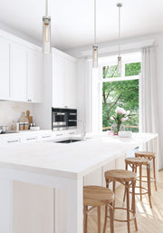 Beau 1 Light 4.75" Pendant, Rod Mount in Brushed Nickel in a room setting