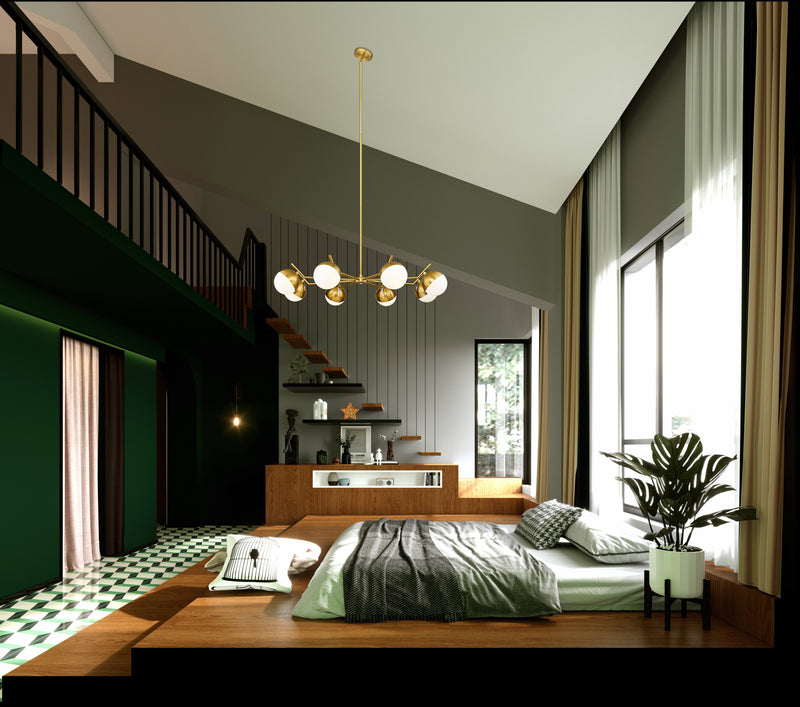 Realm Sphere 8 Light 44" Chandelier in Modern Gold in a room setting
