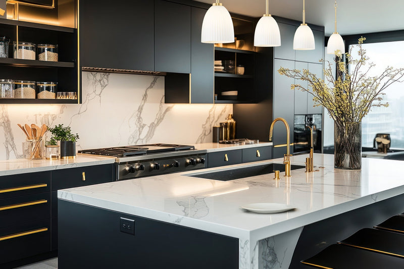 Naya 1 Light 8" Pendant in Modern Gold in a room setting
